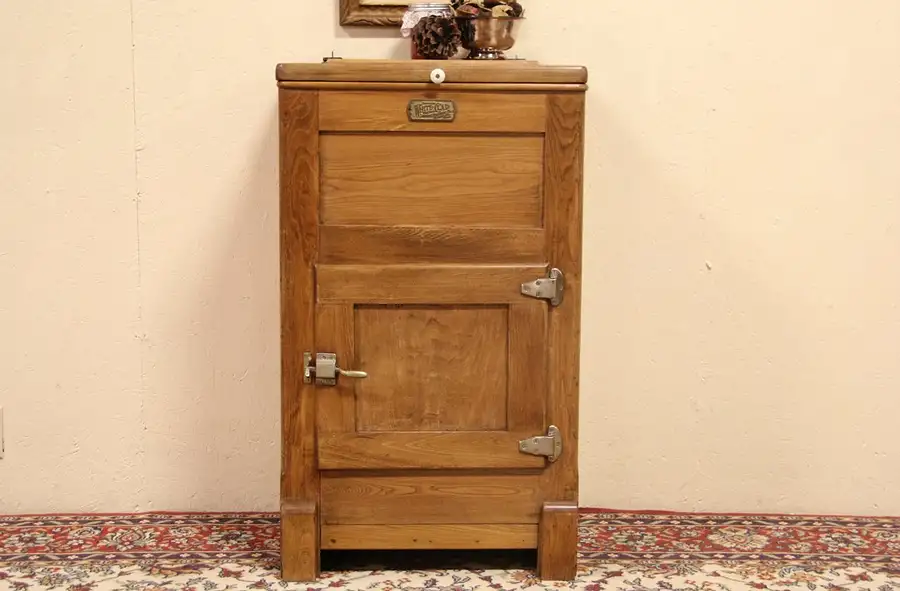 Main image of White Clad St. Louis 1915 Antique Ash Icebox Cabinet