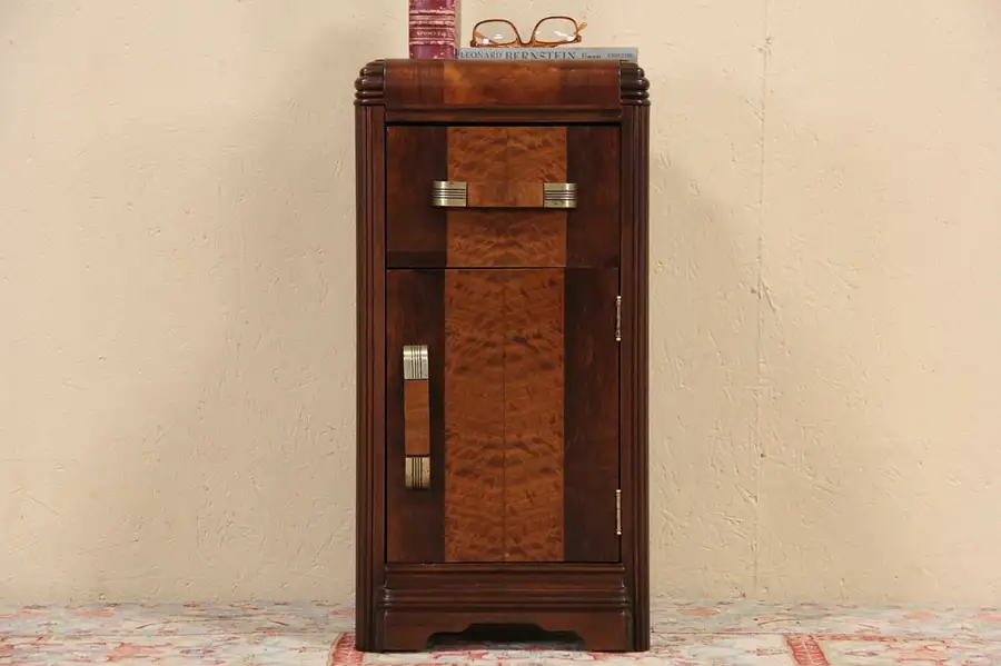 Main image of Art Deco Waterfall 1935 Nightstand or End Table, Curly Maple