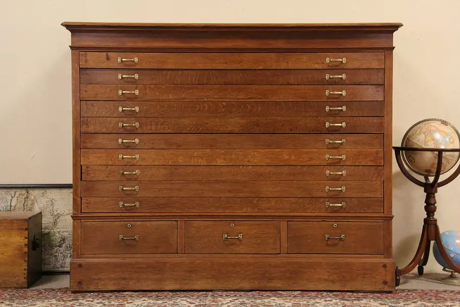 Main image of Oak 1900 Antique 13 Drawer Map Chest, Drawing or Document File Cabinet