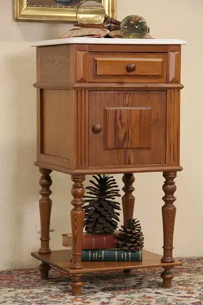 Main image of Pine 1890 Antique Nightstand or Lamp Table, White Marble
