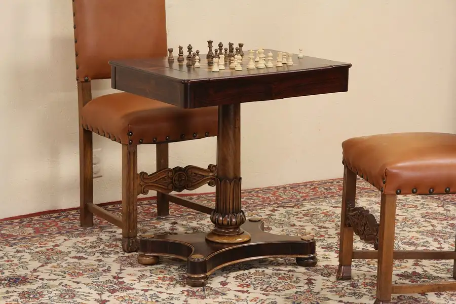 Main image of English Rosewood 1860's Antique Game Table, Chess, Backgammon & Checkers