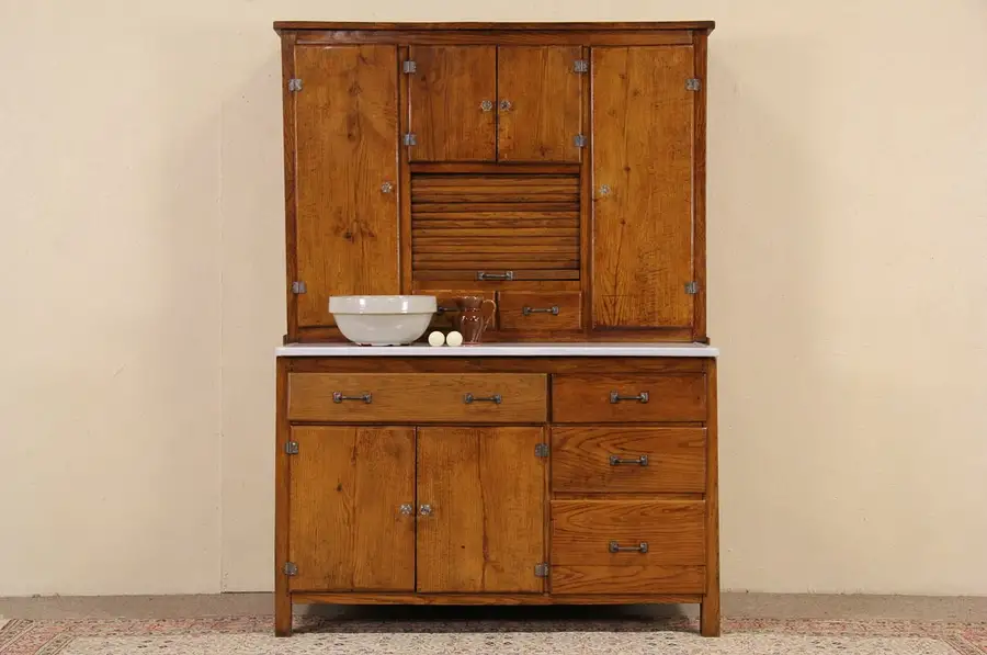 Main image of Hoosier Style Cupboard 1900 Oak Kitchen Cabinet, Porcelain Top