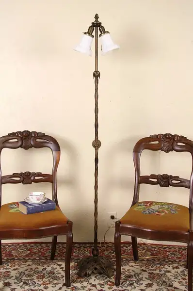 Main image of Art Deco 1925 Antique Cast Iron Floor Lamp, Satin Glass Shades