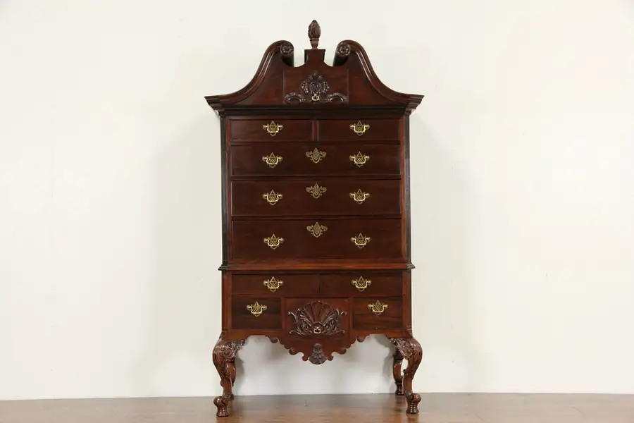 Main image of Georgian Centennial 1876 Antique Carved Mahogany Highboy Chest on Chest