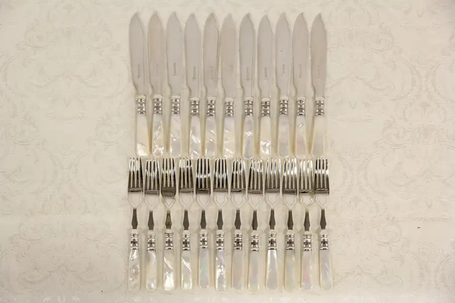 Main image of Victorian Silverplate & Pearl 1890's Antique Silverware Fish Set, Forks & Knives