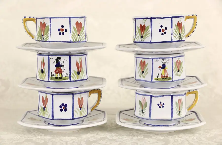Main image of Hand Painted Brittany, France Quimper Set of 6 Coffee Cups & Saucers,