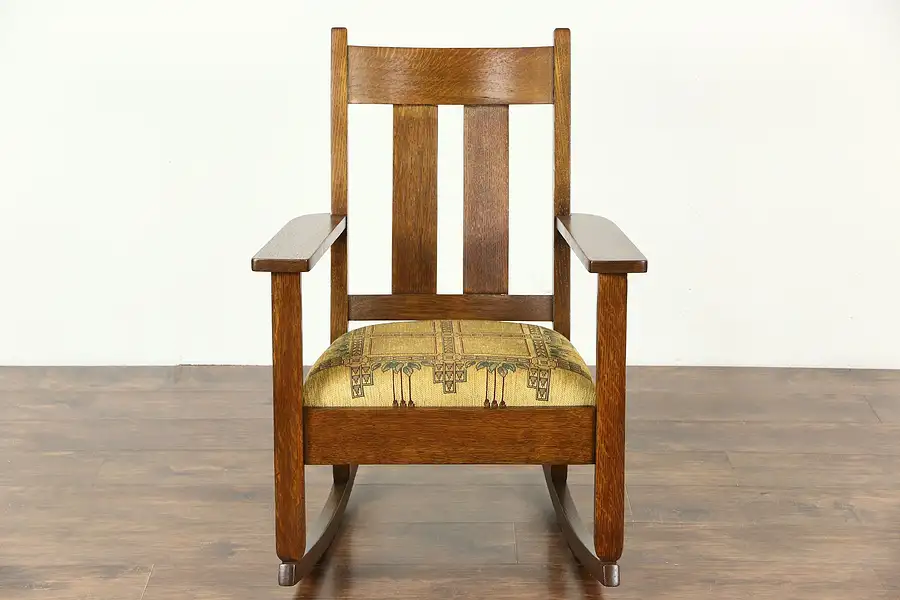 Main image of Arts & Crafts Mission Oak Rocker, Antique Craftsman Rocking Chair New Upholstery