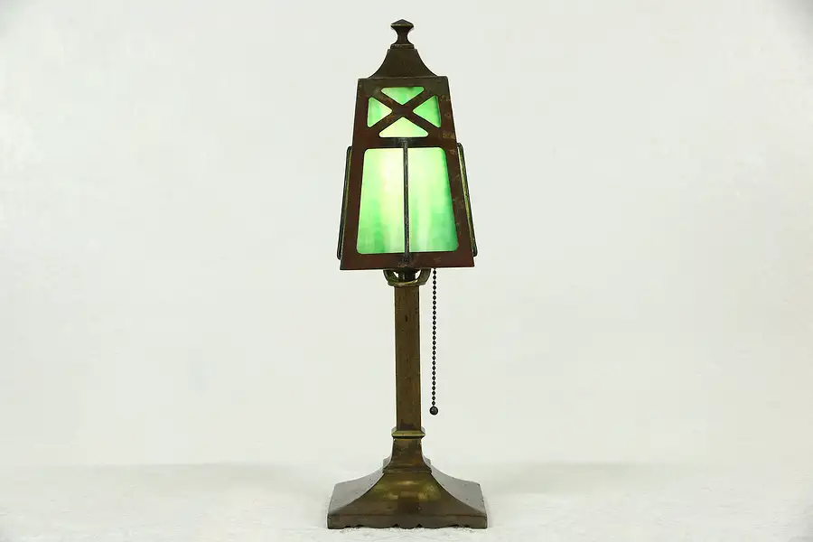 Main image of Arts & Crafts Mission Antique 1900 Desk Lamp, Stained Glass Shade