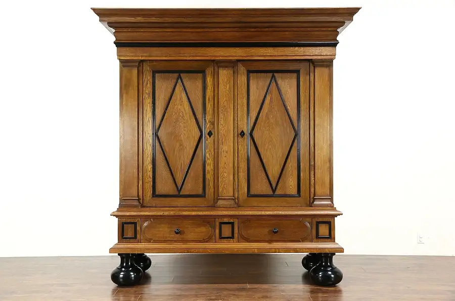 Main image of Dutch Kas or 1920 Antique Dowry Cabinet Armoire, Oak & Ebony, Secret Compartment