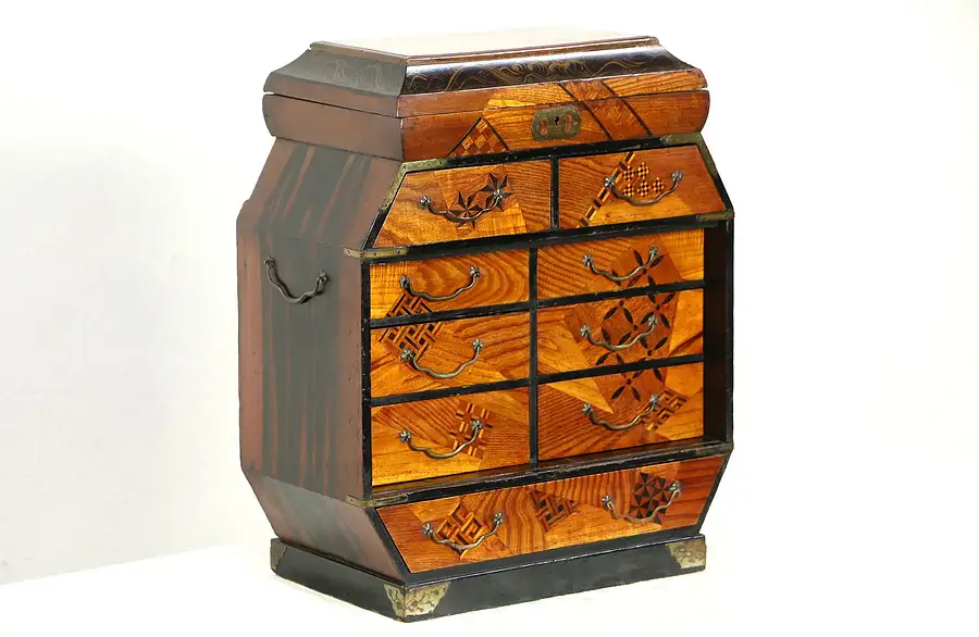 Main image of Japanese Antique 1900 Jewelry Chest, Marquetry & Hand Painted Lacquer