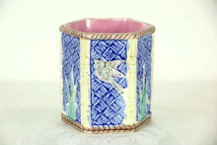 Main image of Six Sided Vase or Jar, Majolica Etruscan 3 1/2" Tall, Birds, E21 on Bottom