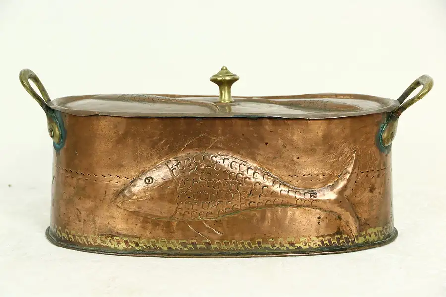 Main image of Copper Hand Hammered Antique Fish Poaching Pot, Brass Handles