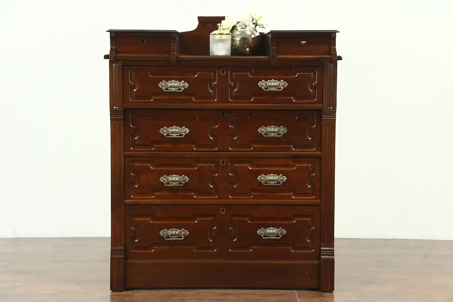 Main image of Victorian Eastlake Antique Carved Walnut Chest or Dresser, Jewelry Drawers