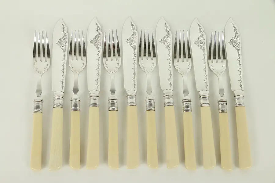 Main image of Set of 12 Antique English Silverplate Knives & Forks, Ivorine Handles