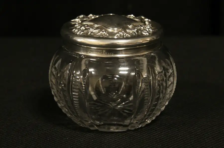 Main image of Art Nouveau Antique 1900 Lilies Sterling Silver & Cut Glass Boudoir Jar