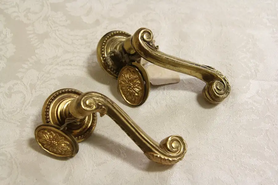 Main image of Pair of 1900 Antique Gold Plated Bronze Antique Door Levers & Keyhole Covers