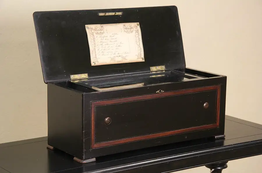 Main image of Swiss 1897 Antique Restored Jeweled Music Box, 8 tunes, Bells, Drums, Zither