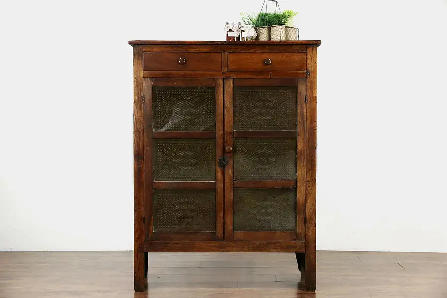 Main image of Primitive Country Antique 1870's Pie Safe Pantry Cupboard, Punched Tin Panels