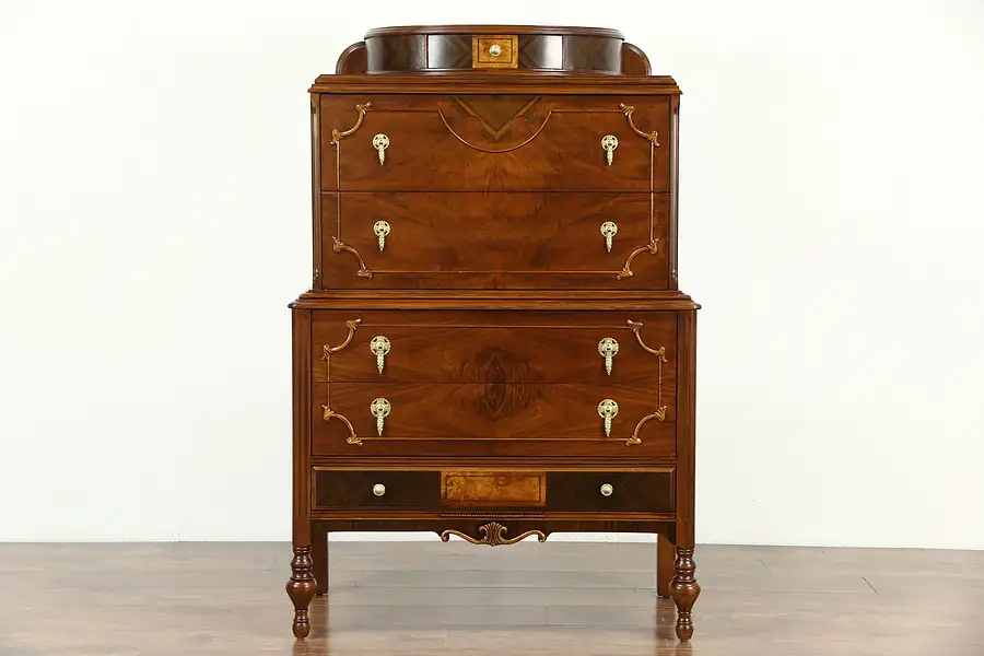 Main image of English Tudor Carved 1925 Antique Tall Chest or Highboy