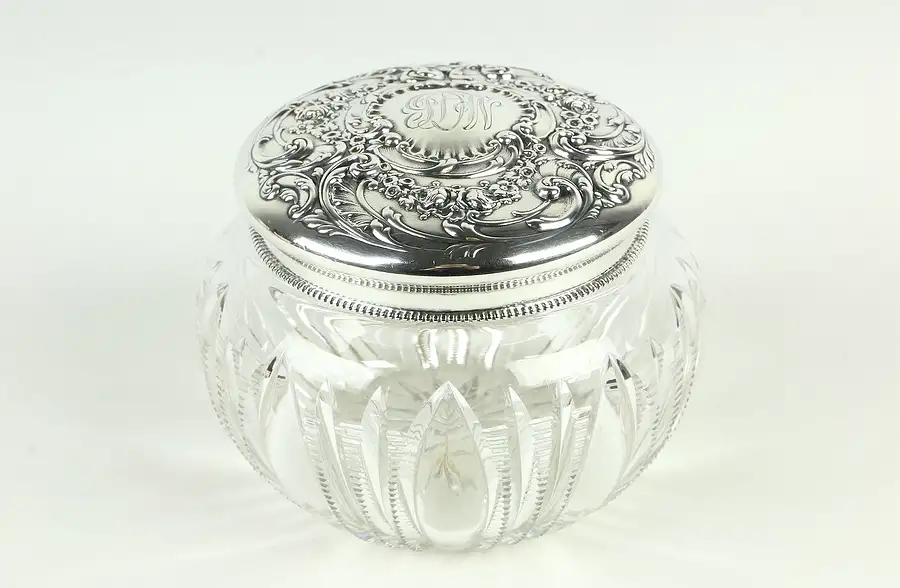 Main image of Sterling Silver & Cut Glass 1900 Antique Boudoir Powder Jar