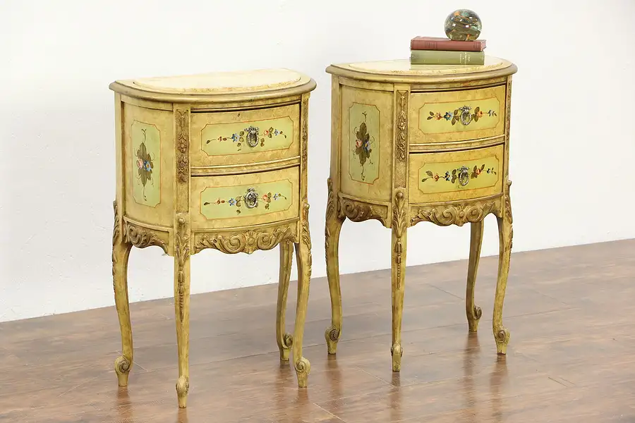 Main image of Pair of Marble Top 1930's Vintage Hand-Painted Nightstands or End Tables