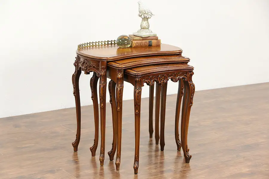 Main image of Set of 3 French Style Marquetry 1940 Vintage Nesting Tables, Signed
