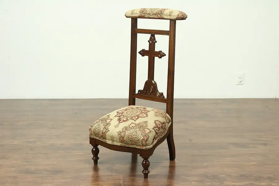 Main image of Victorian Antique 1870 Carved Walnut Cross Kneeler Prie Dieu, New Upholstery