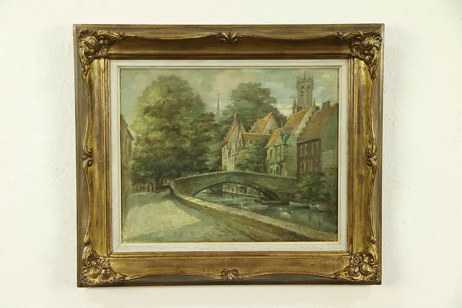 Main image of Bruges, Belgium Scene, Original Oil Painting on Canvas, Signed Otte 1961