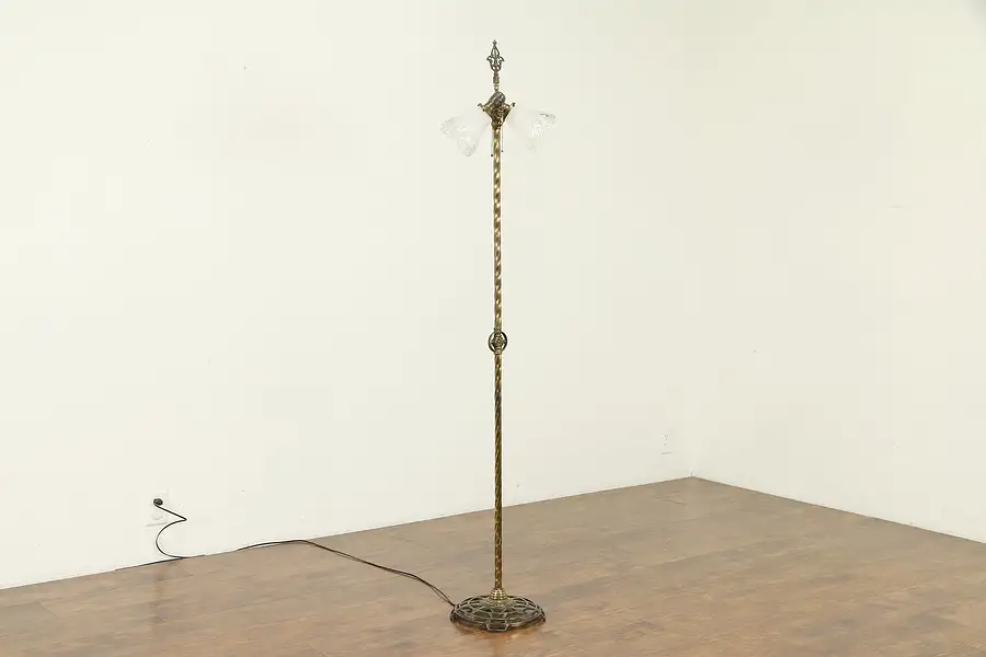 Main image of Floor Lamp, Antique Spiral Column, Etched Glass Shades