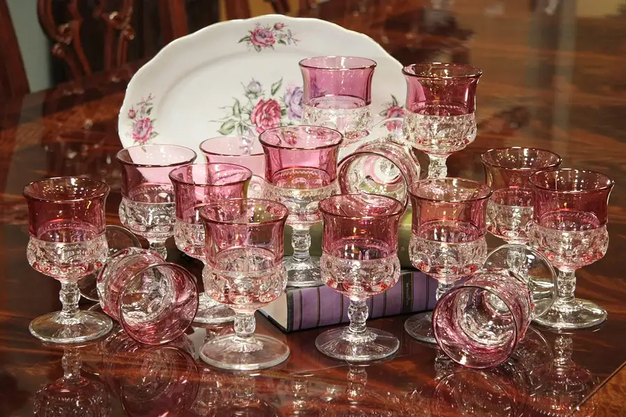 Main image of Set of 15 Kings Crown Cranberry Thumbprint Goblets