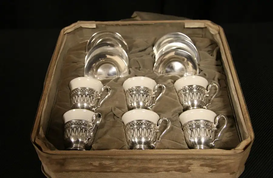 Main image of Set of 6 Sterling Silver Coffee Espresso Cups & Saucers, Lenox Liners
