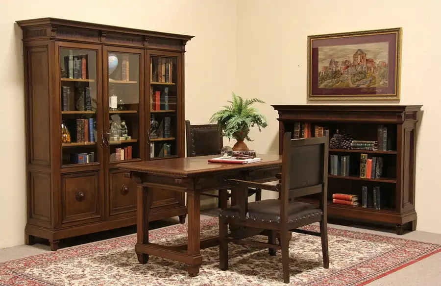 Main image of Italian 1910 Carved 5 Pc. Library Set, Bookcases, Desk, 2 Chairs