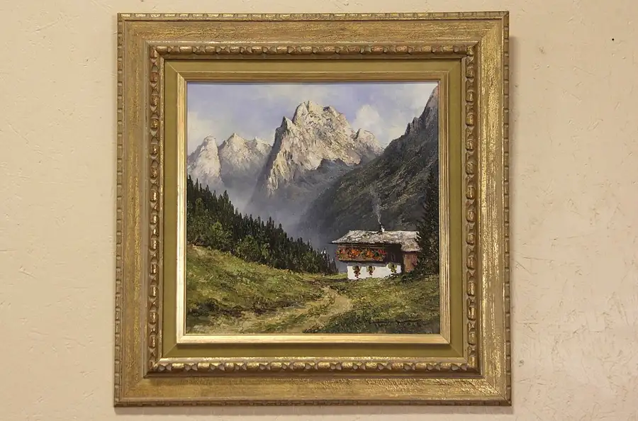 Main image of Alpine Mountain & Chalet Signed Kurt Moser 1970's Original Oil Painting