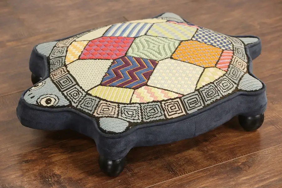 Main image of Turtle Foot Stool, Vintage Hand Stitched Needlepoint & Velvet