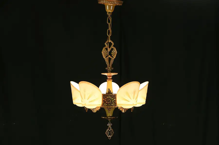 Main image of Art Deco 1930's Chandelier 5 Light Fixture, Signed Williamson & Beardslee