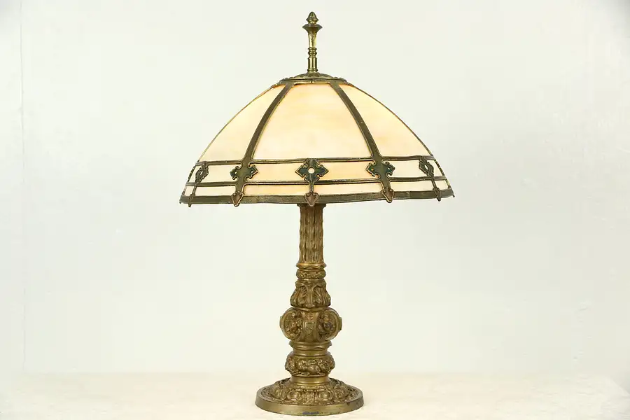 Main image of Stained Glass Curved Panel Shade Antique 1920 Lamp Signed Best of Chicago