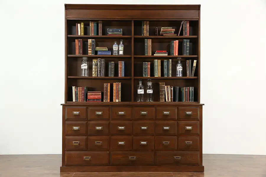 Main image of Apothecary Drug Store 1890 Antique Oak Counter, Pantry Cupboard or Bookcase