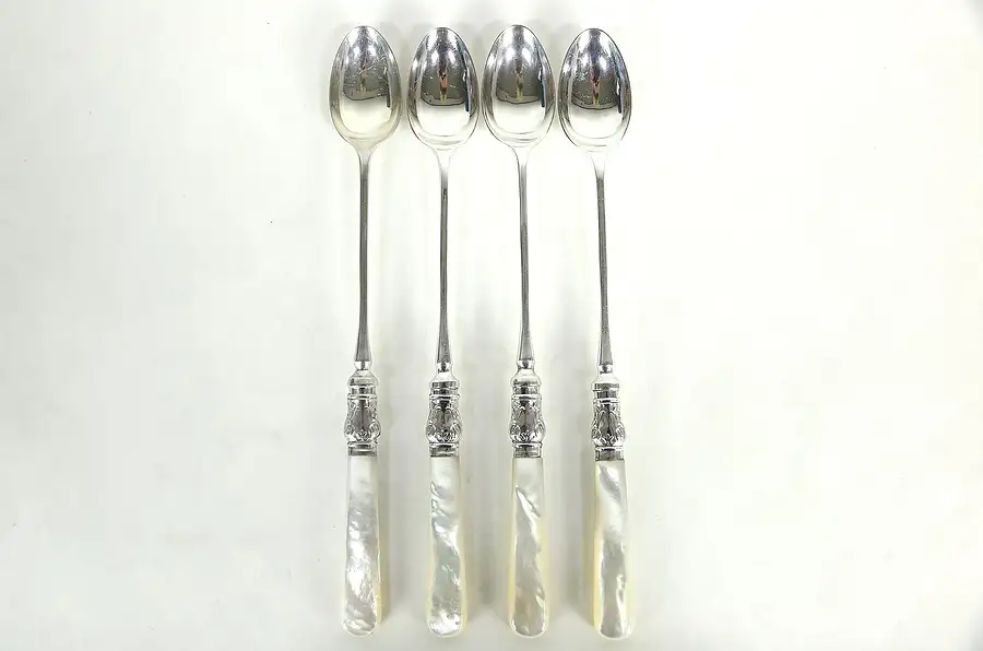 Main image of Set of 4 Mother of Pearl & Silverplate English Signed Ice Tea Spoons