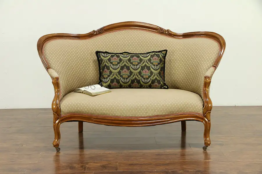 Main image of Victorian 1860's Antique Loveseat, Finger Carved Walnut