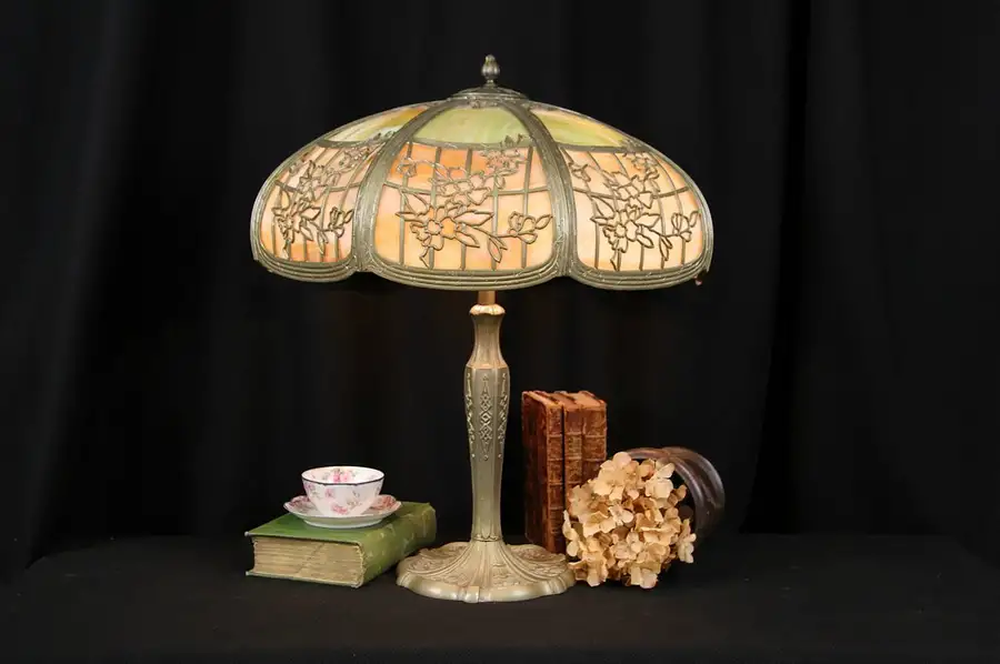 Main image of Table Lamp, 1915 Antique Window Pane & Flower Stained Glass Shade