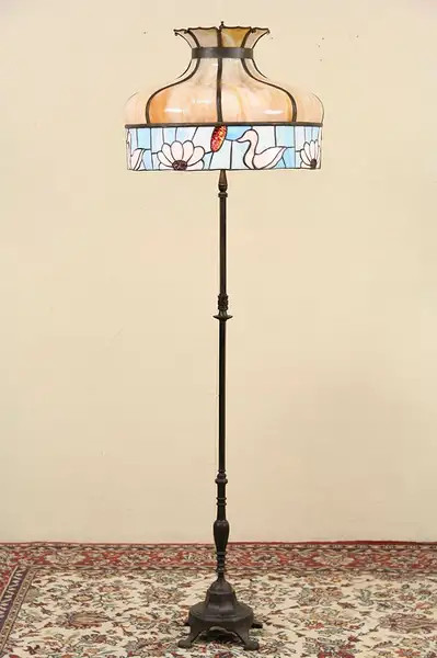Main image of Floor Lamp, 1915 Antique Stained Leaded Glass Ducks Shade