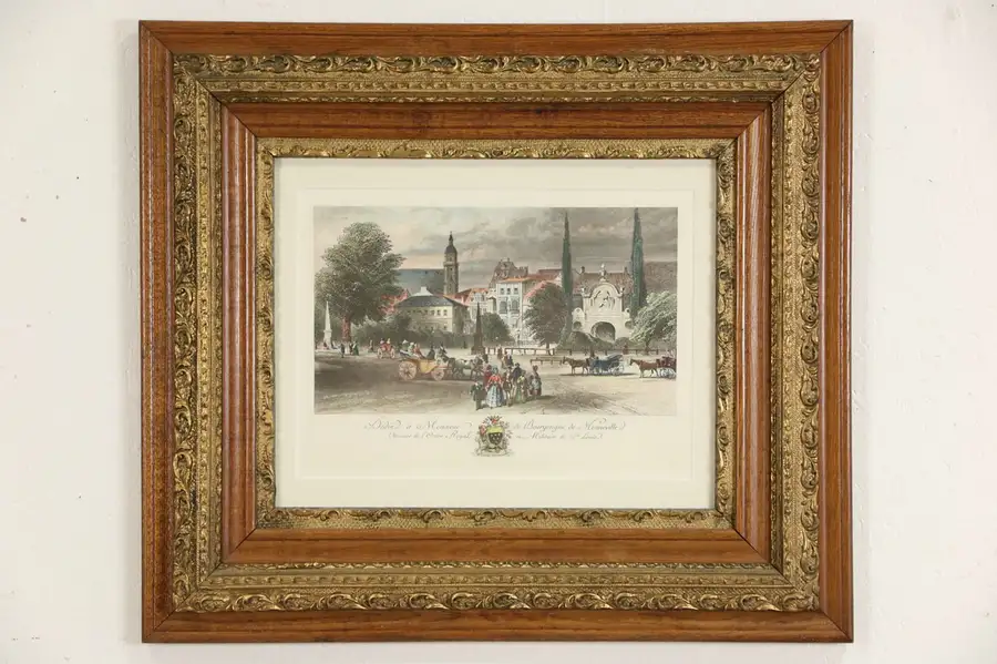 Main image of French Menneville 1850's Antique Colored Engraving, Victorian Oak Frame