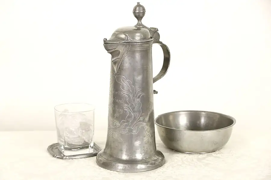 Main image of Pewter German Antique Covered Beer Stein or Pitcher, Signed & Dated 1796