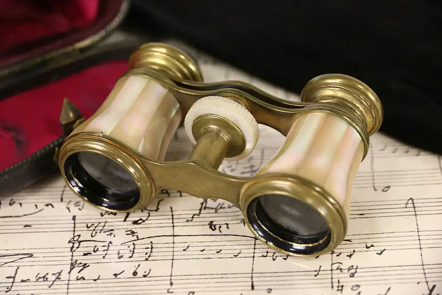 Main image of French 1900 Antique Pearl Opera Glasses, Leather Case