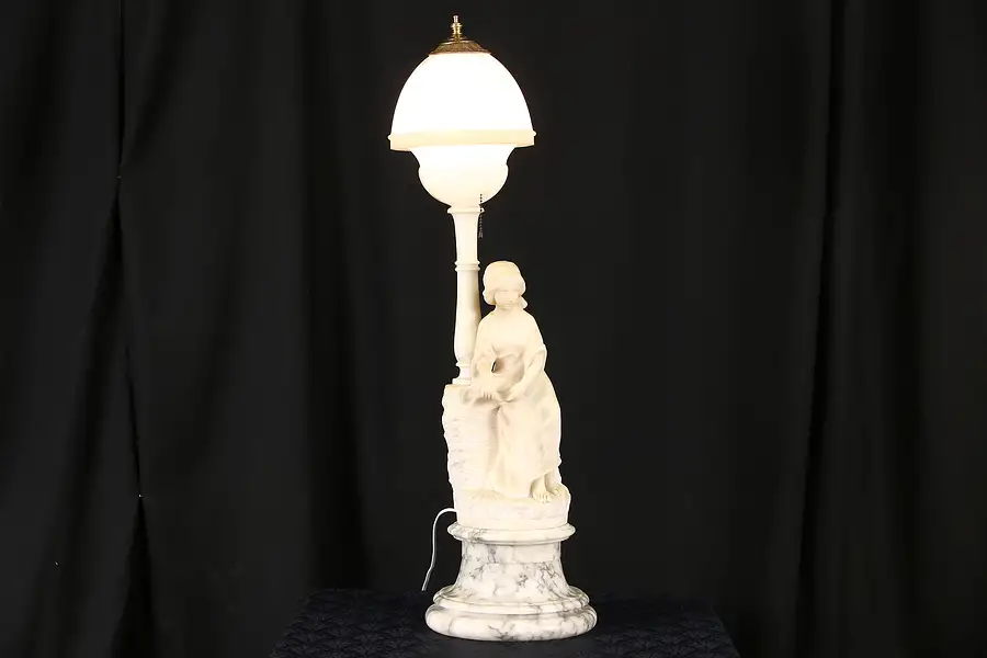 Main image of Marble & Alabaster 1920 Antique Art Deco Lamp, Carved Sculpture of a Young Woman