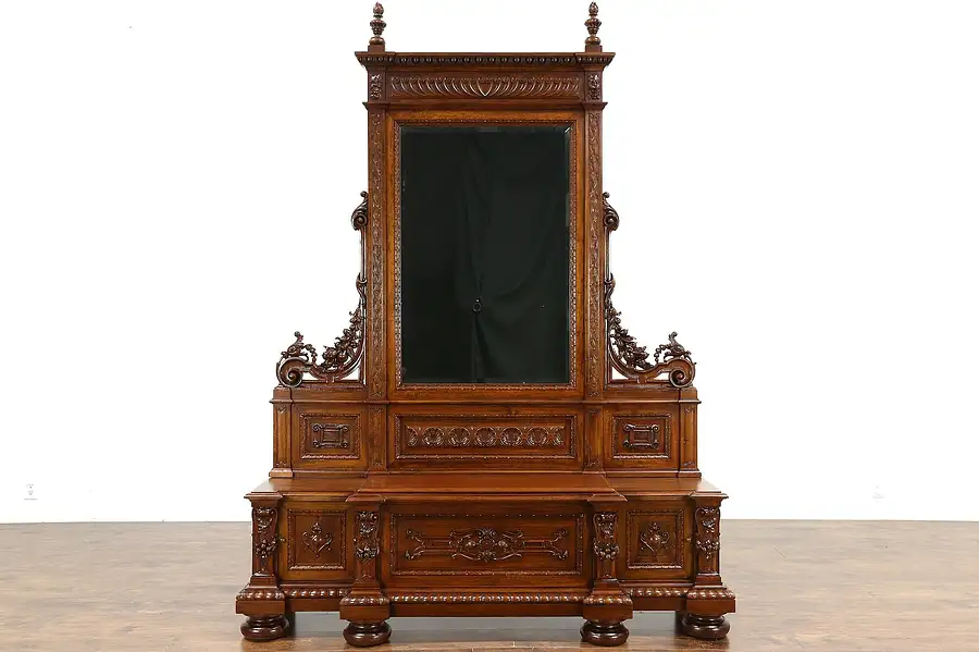 Main image of Italian Renaissance Carved Walnut Antique 1890 Hall Bench & Mirror, 6' Wide