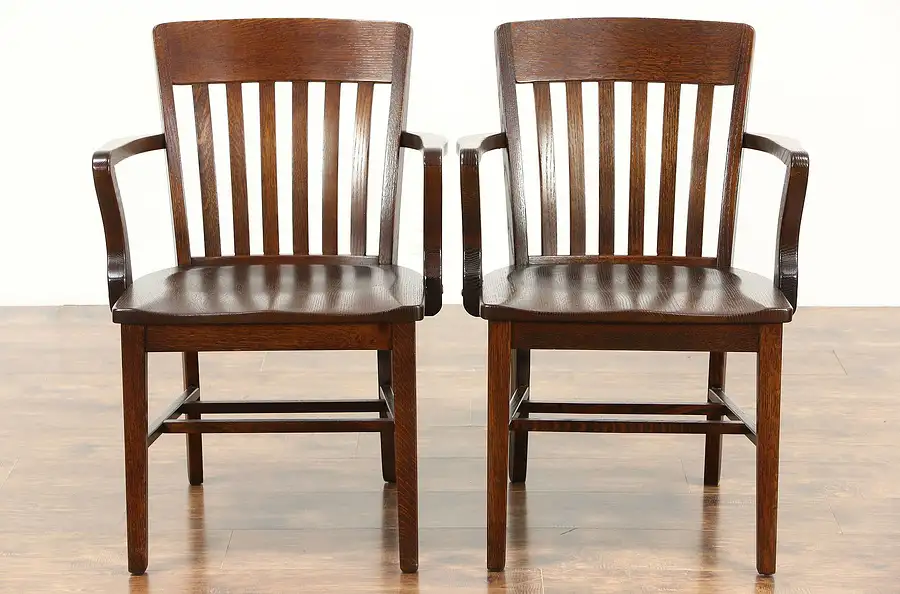 Main image of Pair of Antique 1910 Banker, Office or Library Chairs, Quartersawn Oak