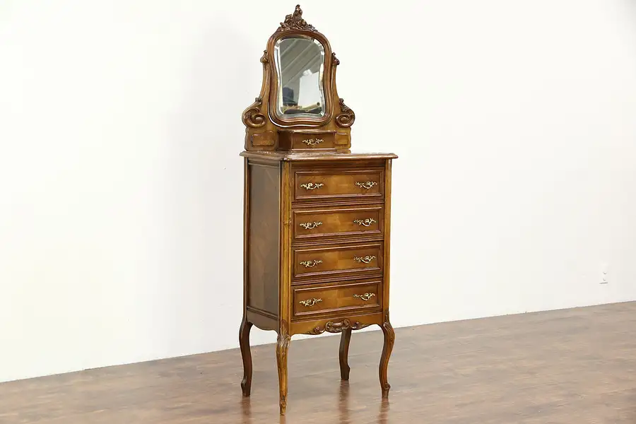 Main image of French Antique Carved Lingerie Chest, Marble Top, Beveled Mirror