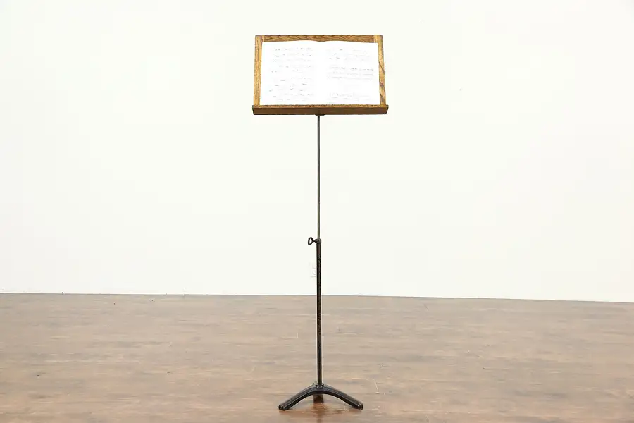 Main image of Music Stand, Antique 1915 Adjustable Iron & Oak, Signed Hamilton