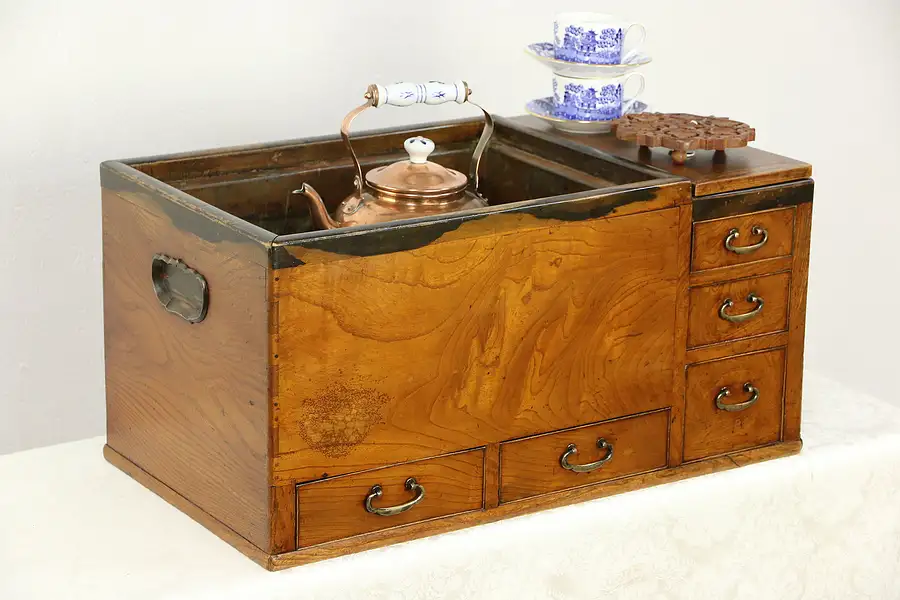 Main image of Japanese 1900's Antique Ash & Elm Hibachi Brazier, Copper Lined, Coffee Table